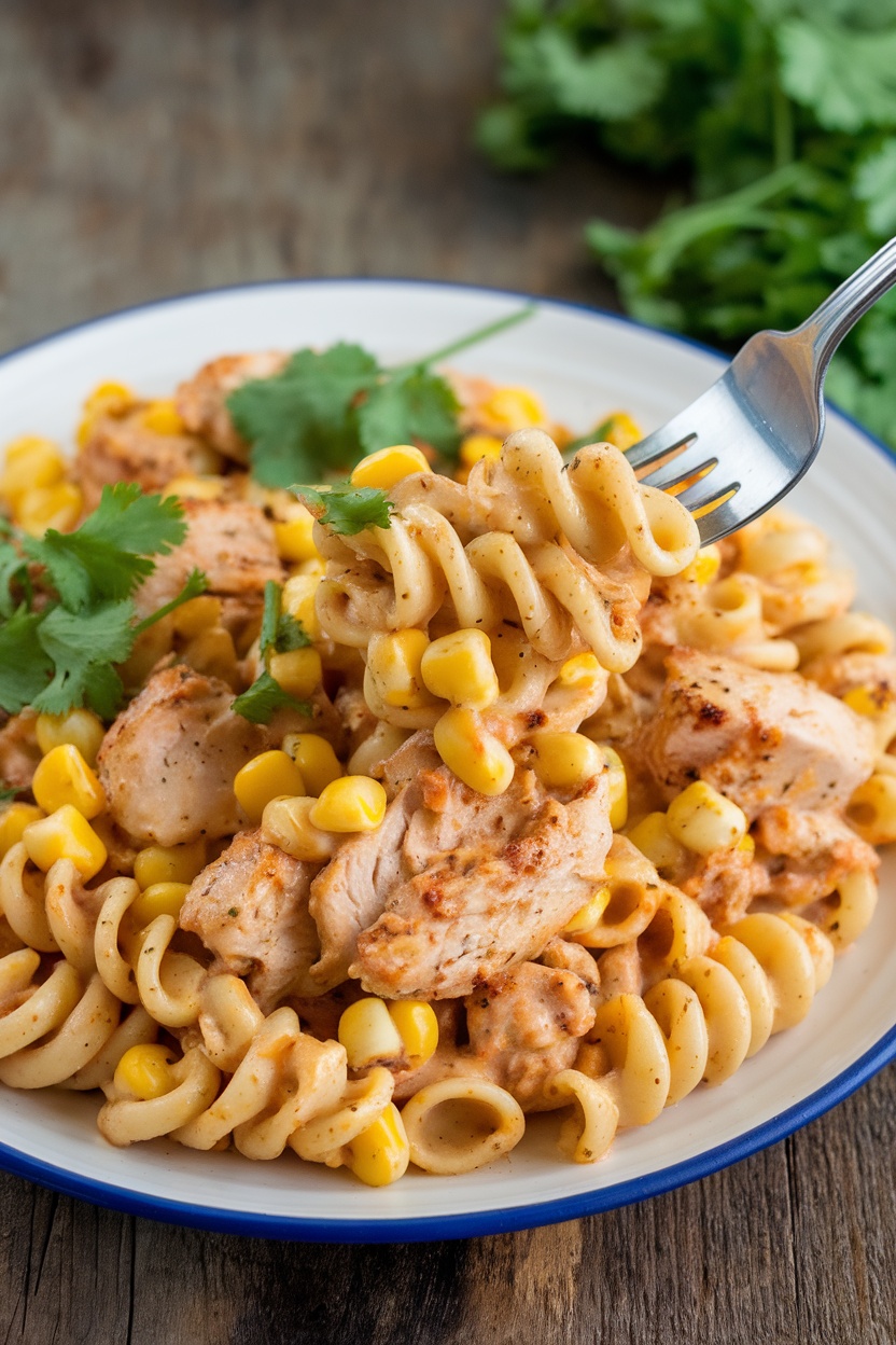 Spicy chipotle chicken pasta with corn, presented in a bowl, garnished with cilantro, on a rustic table.